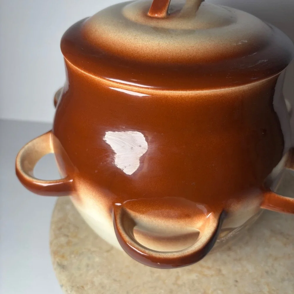 Vintage Ceramic Vegetable Soup Tureen Lidded Bean Pot Brown Cream 6-Handle Large